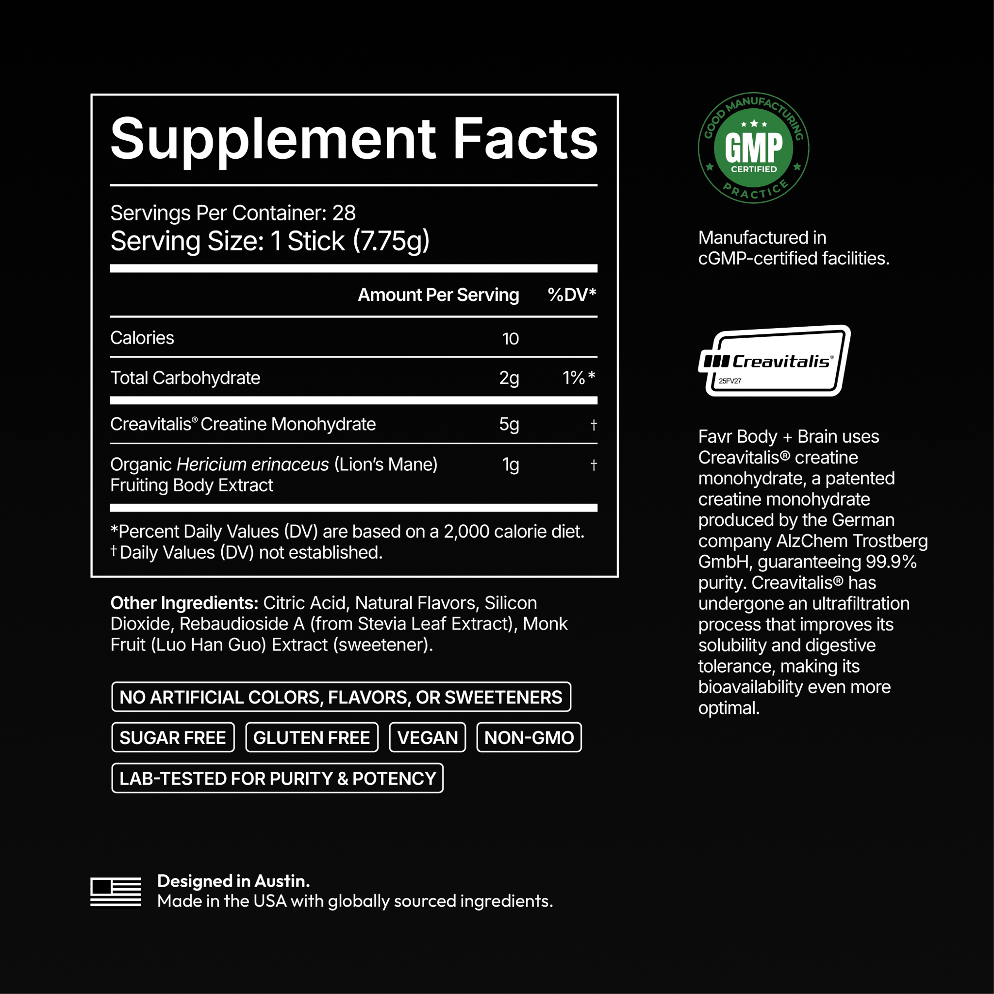 Favr Body + Brain supplement facts panel
