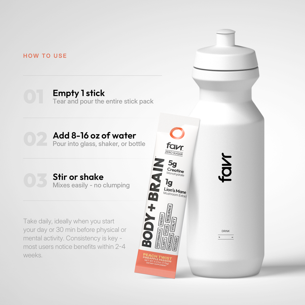 How to use Favr Body + Brain: mix one daily stick pack